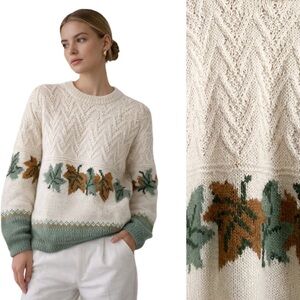 Alpaca Chunky Knit Sweater Cream Olive Brown Leaf Nordic Fisherman Vintage M